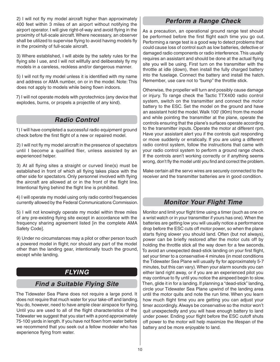Radio control, Flying find a suitable flying site, Perform a range check | Monitor your flight time | Flyzone FLZA3332 User Manual | Page 10 / 20