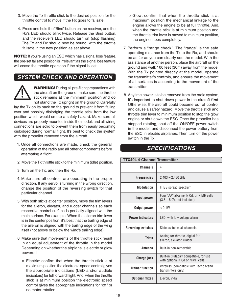 System check and operation, Specifications | Flyzone FLZA3332 User Manual | Page 16 / 20