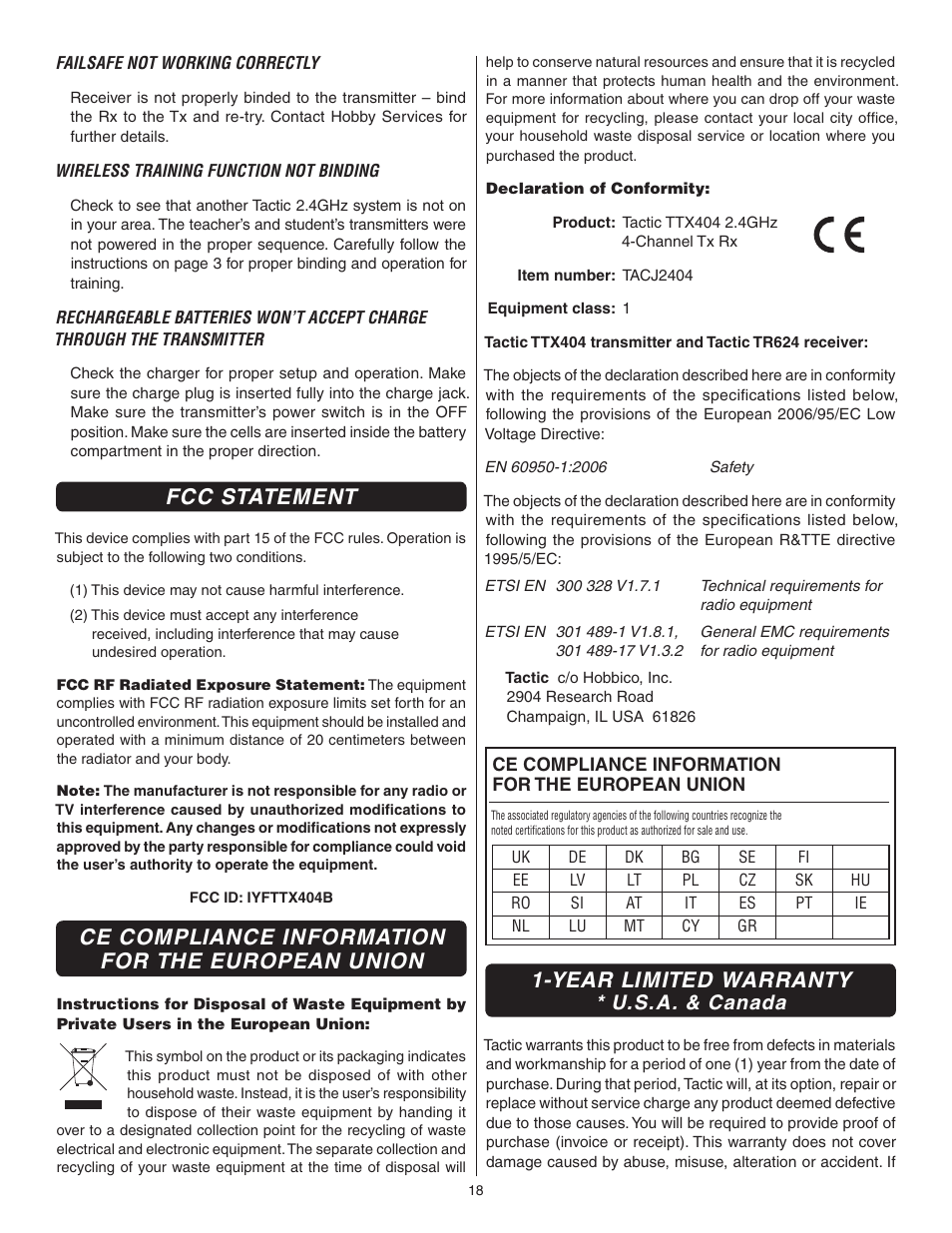 Fcc statement, Ce compliance information for the european union, Year limited warranty | U.s.a. & canada | Flyzone FLZA3332 User Manual | Page 18 / 20