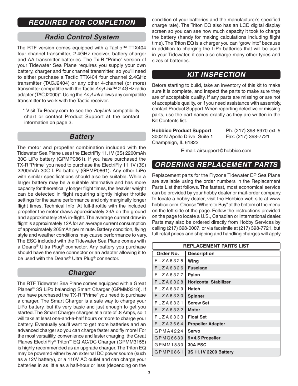 Required for completion radio control system, Battery, Charger | Kit inspection, Ordering replacement parts | Flyzone FLZA3332 User Manual | Page 3 / 20