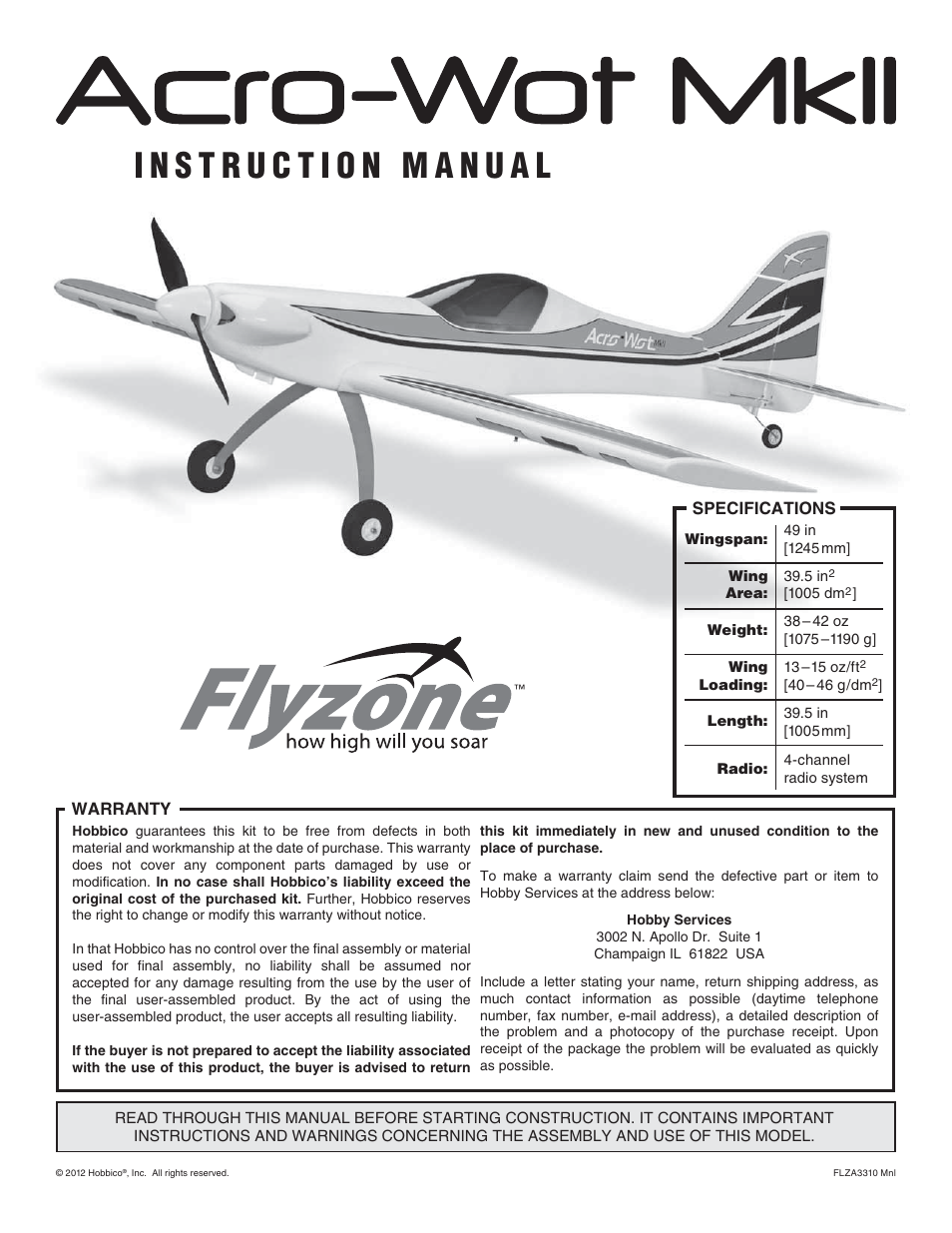 Flyzone FLZA3312 User Manual | 12 pages