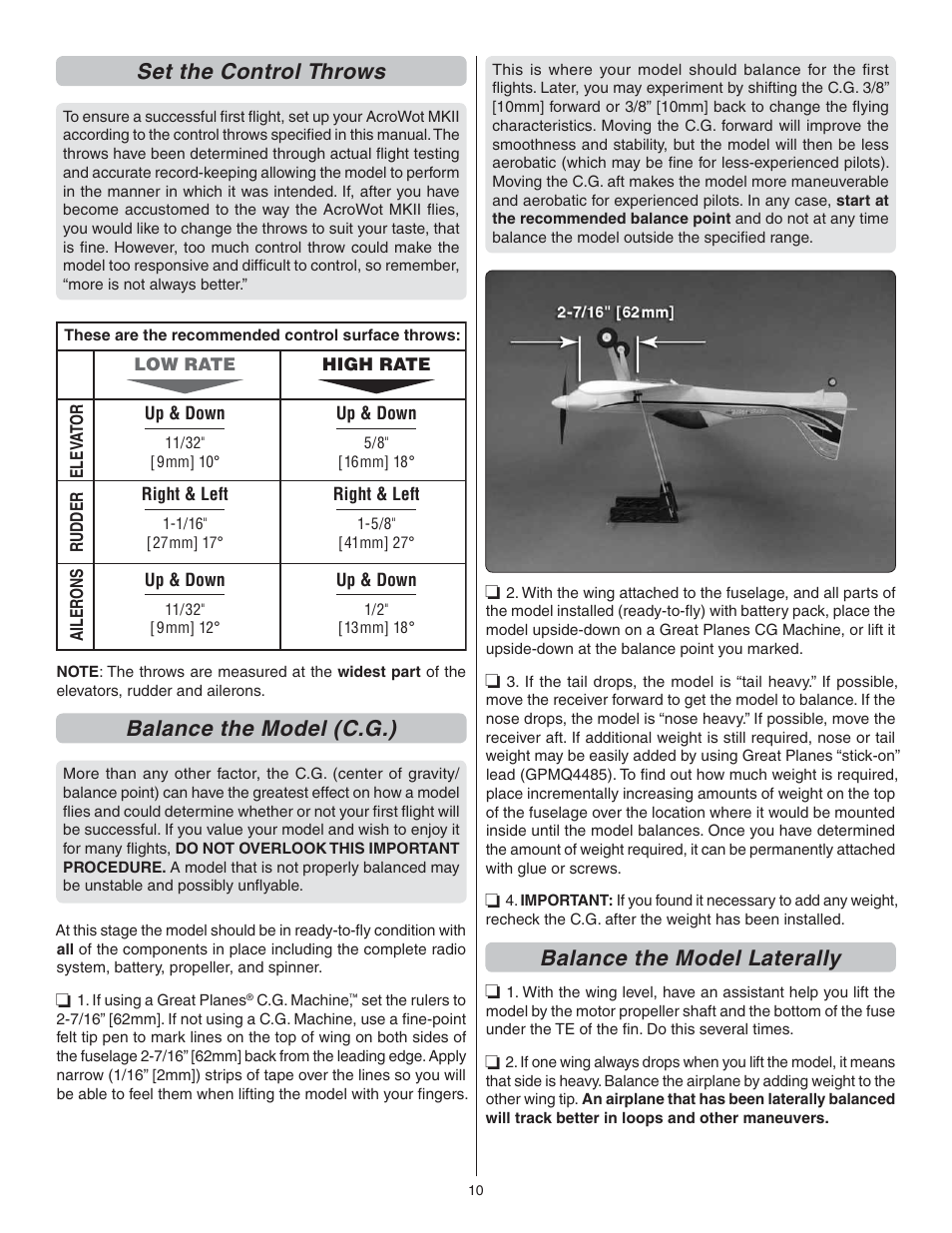 Set the control throws, Balance the model (c.g.), Balance the model laterally | Flyzone FLZA3312 User Manual | Page 10 / 12