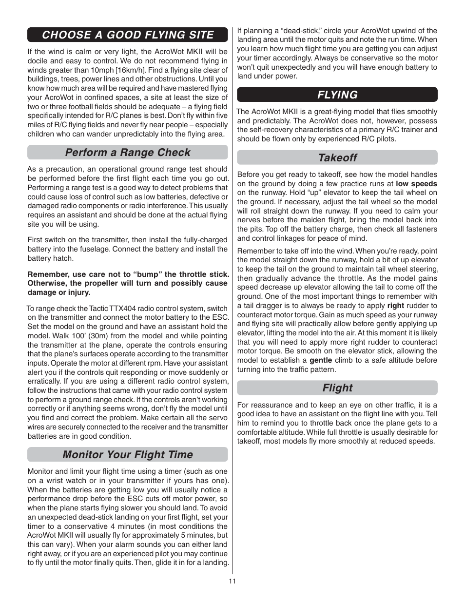 Choose a good flying site, Perform a range check, Monitor your flight time | Flying, Takeoff, Flight | Flyzone FLZA3312 User Manual | Page 11 / 12