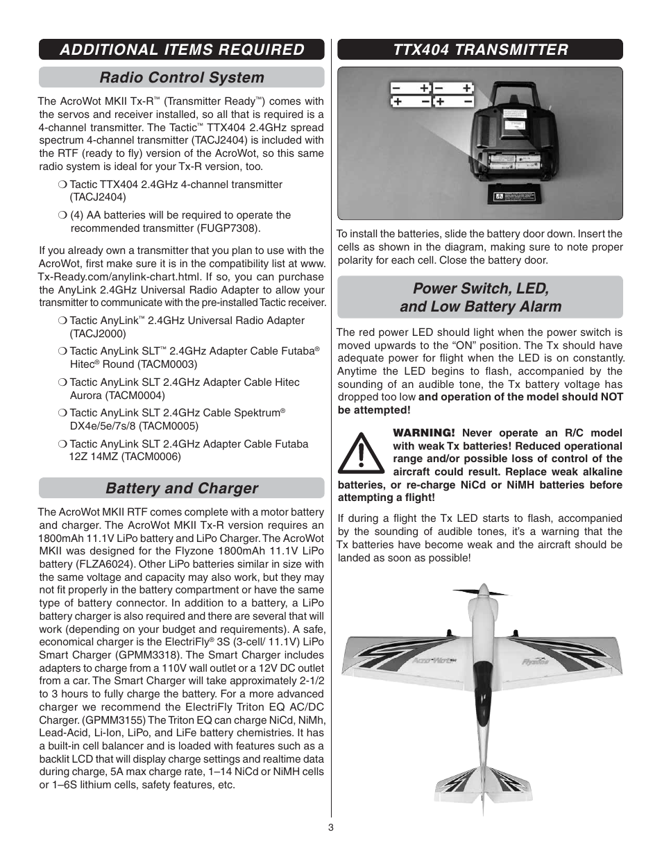 Additional items required radio control system, Battery and charger, Ttx404 transmitter | Power switch, led, and low battery alarm | Flyzone FLZA3312 User Manual | Page 3 / 12