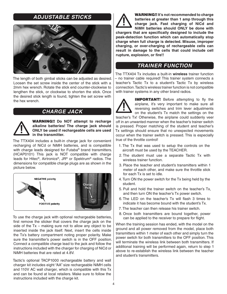 Adjustable sticks, Charge jack, Trainer function | Flyzone FLZA3312 User Manual | Page 4 / 12