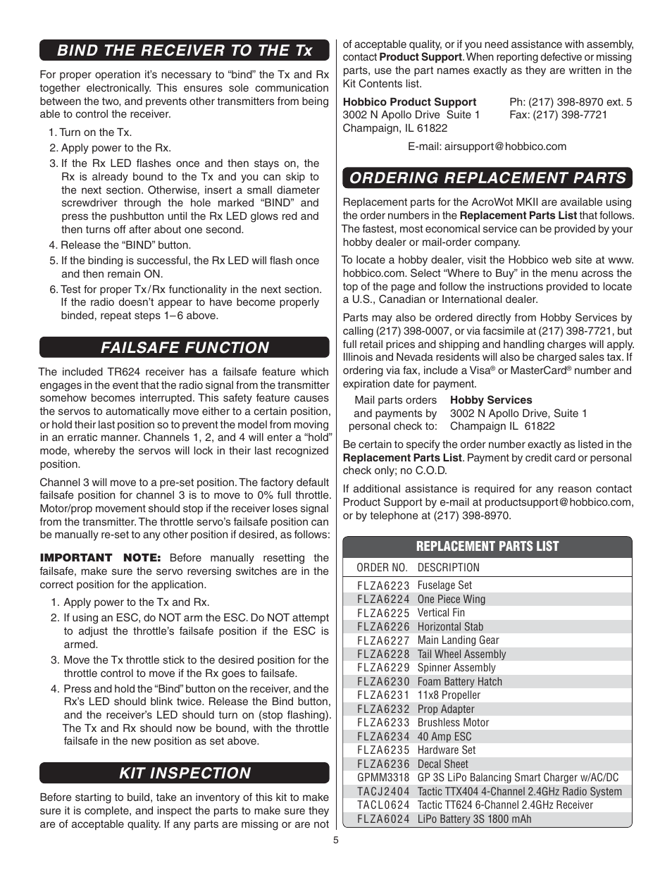 Bind the receiver to the tx, Failsafe function, Kit inspection | Ordering replacement parts | Flyzone FLZA3312 User Manual | Page 5 / 12