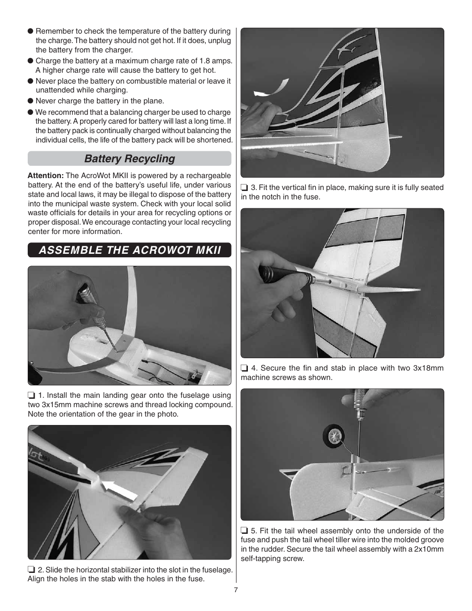 Battery recycling, Assemble the acrowot mkii | Flyzone FLZA3312 User Manual | Page 7 / 12