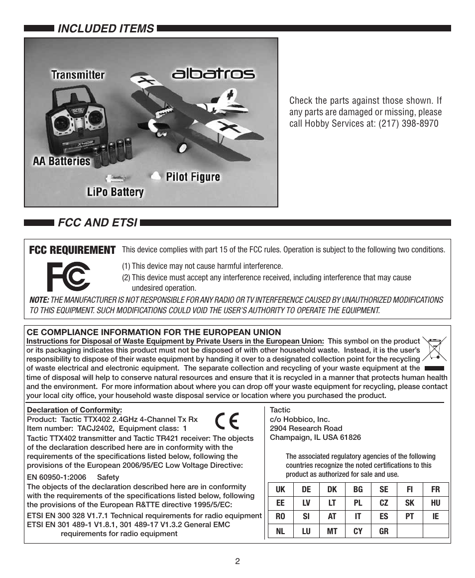 Fcc requirement, Included items fcc and etsi | Flyzone FLZA2010 User Manual | Page 2 / 12