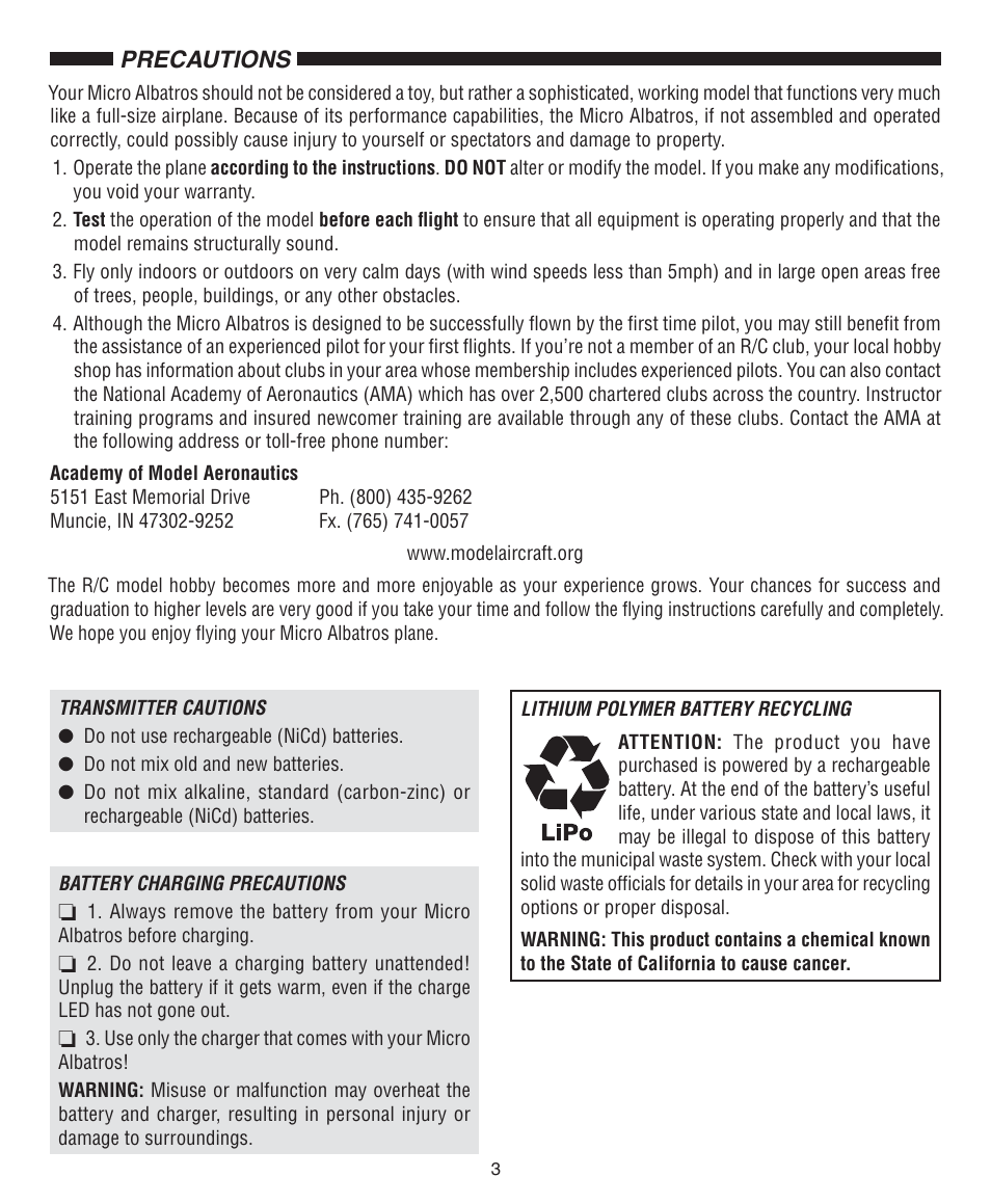 Precautions | Flyzone FLZA2010 User Manual | Page 3 / 12