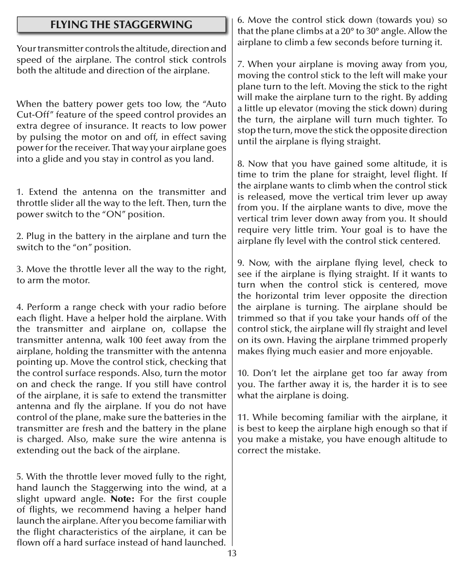 Flying the staggerwing | Flyzone HCAA27 User Manual | Page 13 / 16