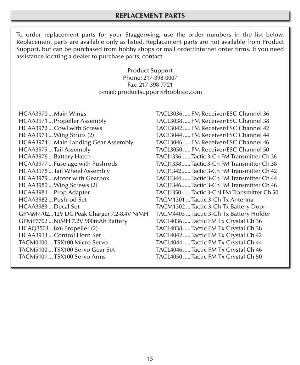 Replacement parts | Flyzone HCAA27 User Manual | Page 15 / 16