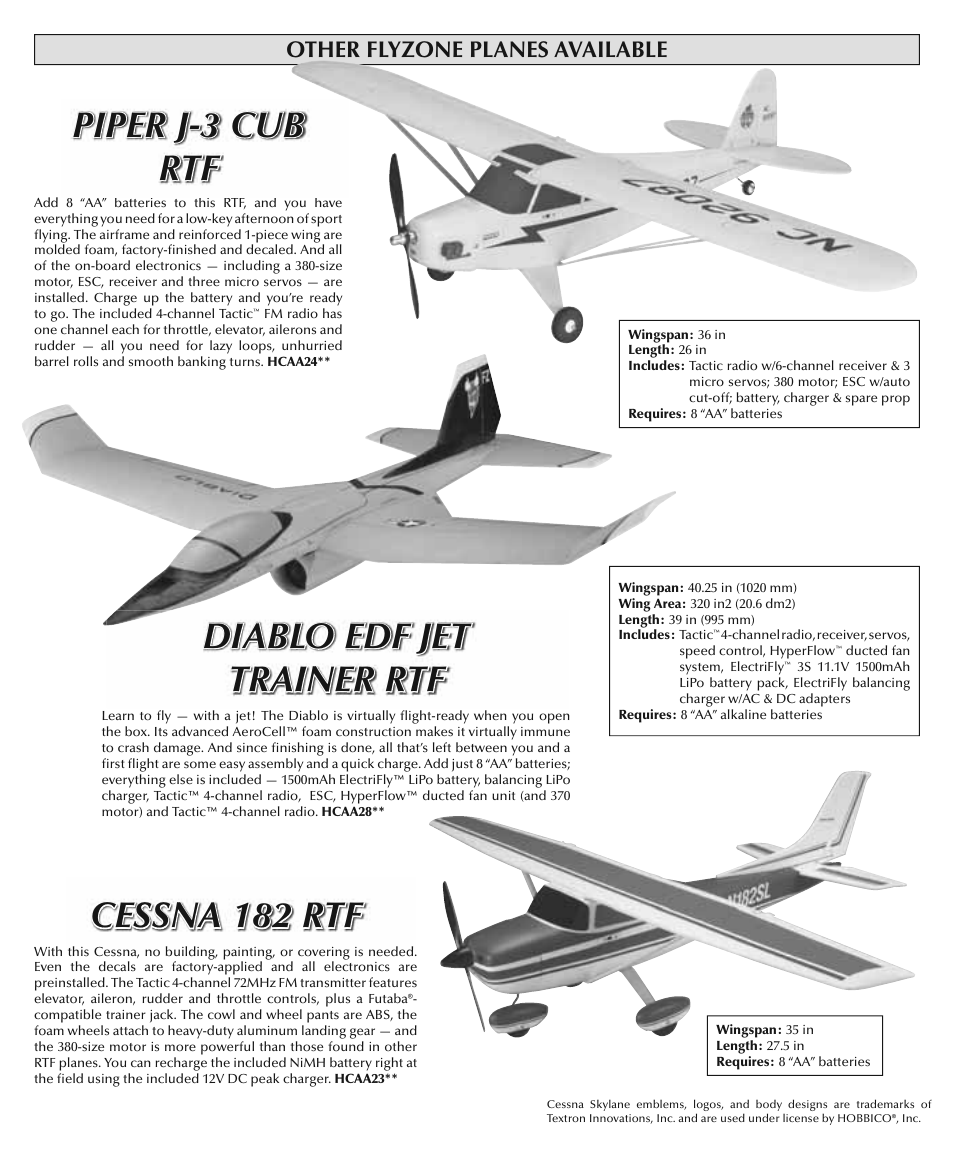 Diablo edf jet, Diablo edf jet trainer rtf trainer rtf, Piper j-3 cub | Flyzone HCAA27 User Manual | Page 16 / 16