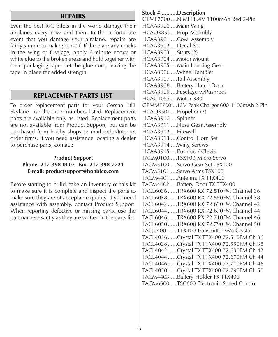 Replacement parts list repairs | Flyzone HCAA23 User Manual | Page 13 / 16