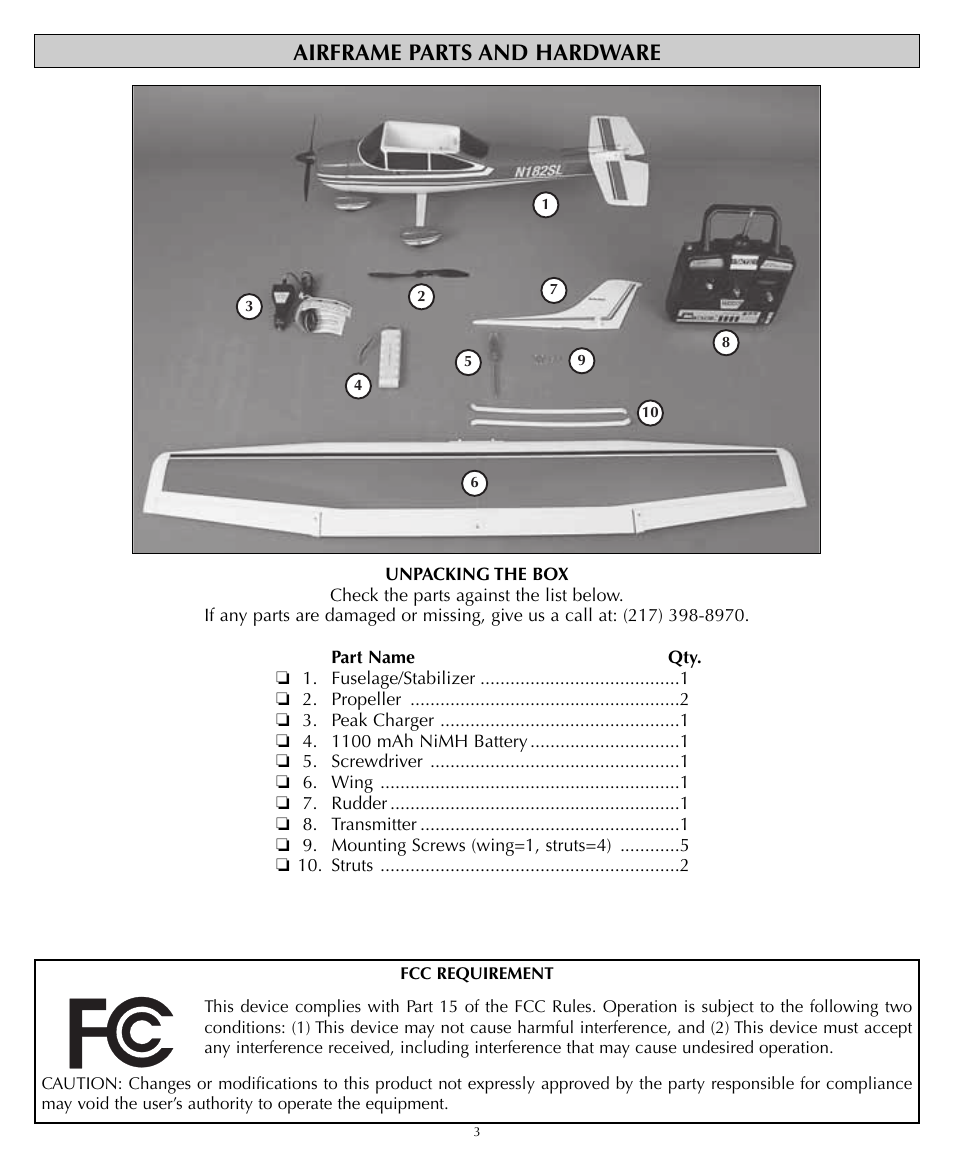 Airframe parts and hardware | Flyzone HCAA23 User Manual | Page 3 / 16