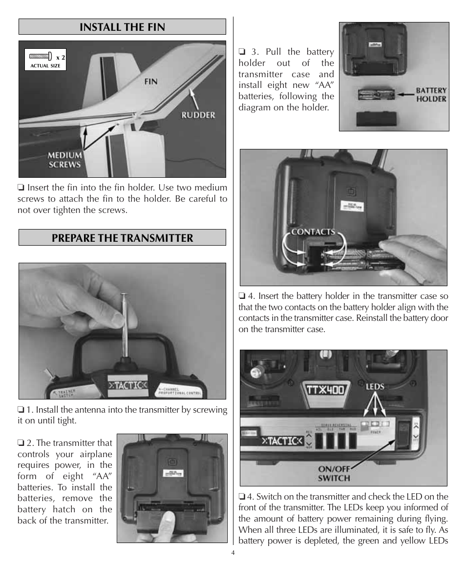 Prepare the transmitter install the fin | Flyzone HCAA23 User Manual | Page 4 / 16