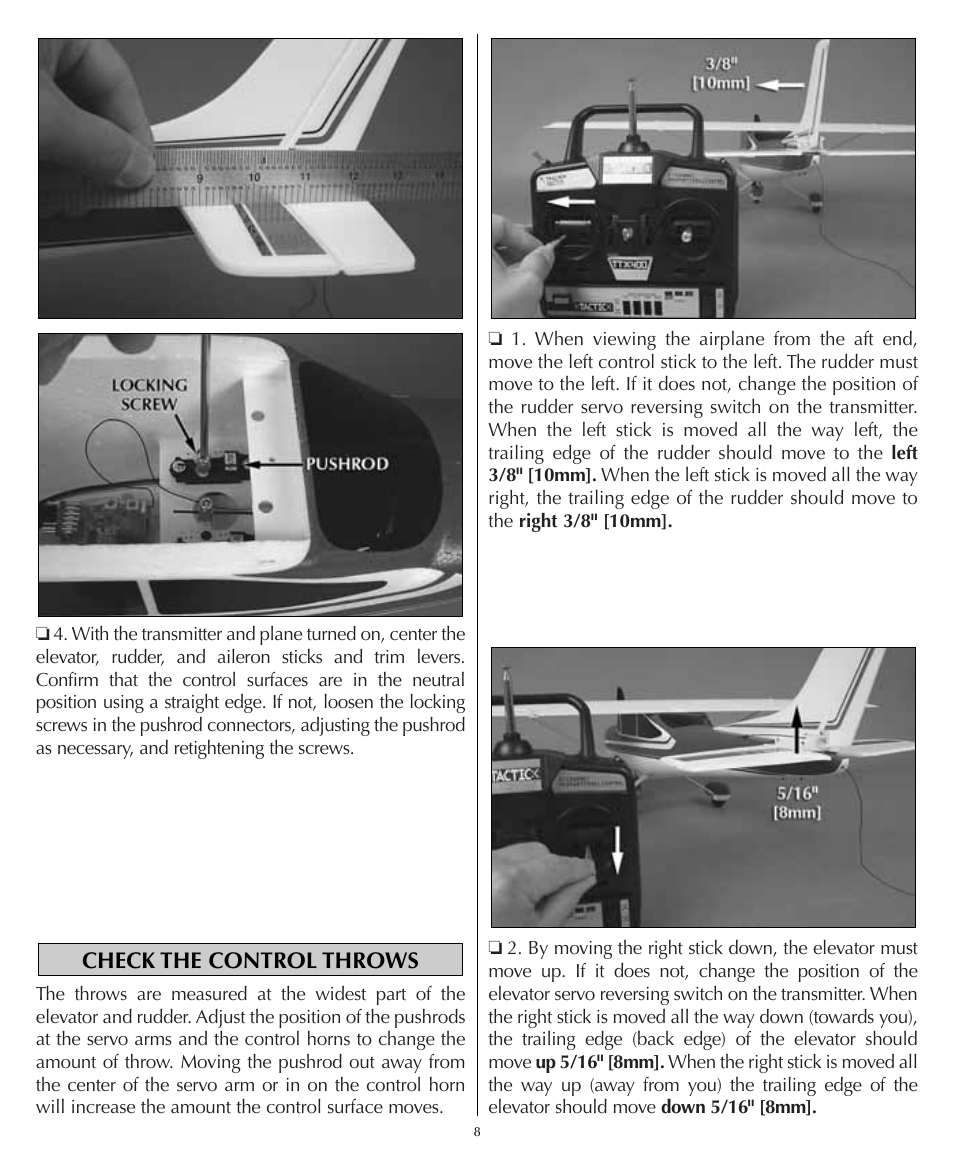 Check the control throws | Flyzone HCAA23 User Manual | Page 8 / 16