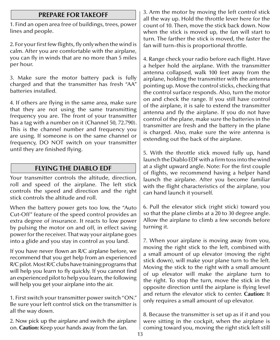Prepare for takeoff, Flying the diablo edf | Flyzone HCAA28 User Manual | Page 13 / 16
