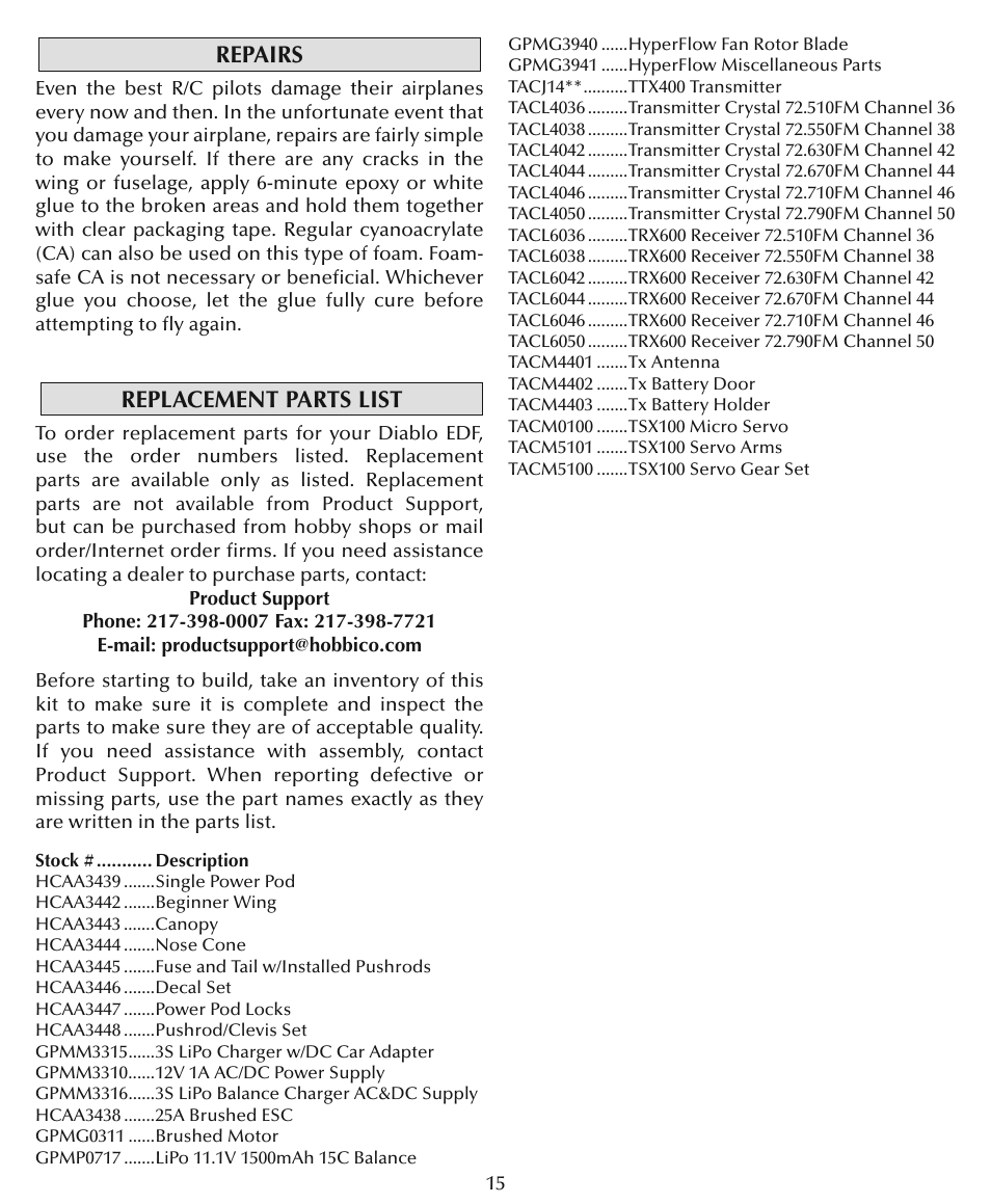 Repairs, Replacement parts list | Flyzone HCAA28 User Manual | Page 15 / 16