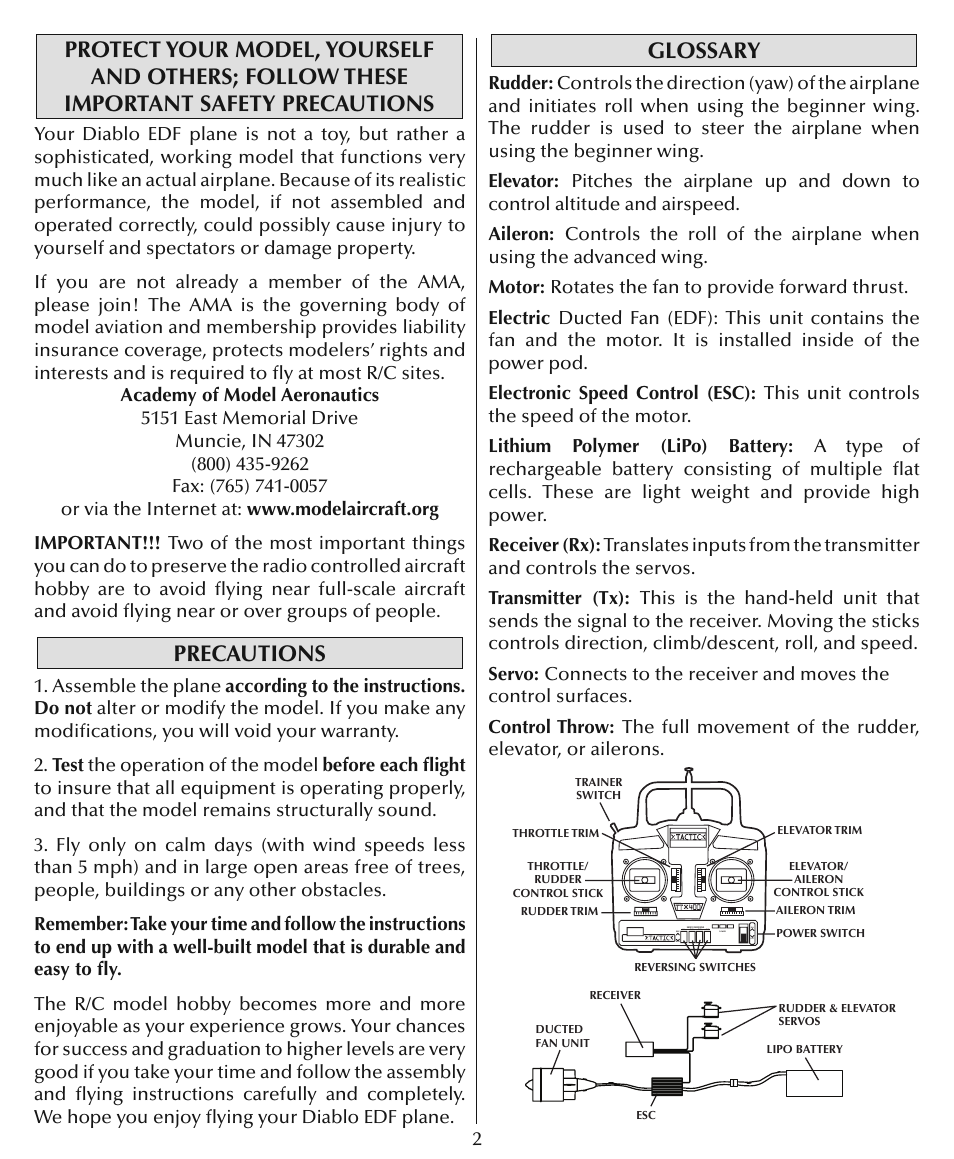 Precautions, Glossary | Flyzone HCAA28 User Manual | Page 2 / 16
