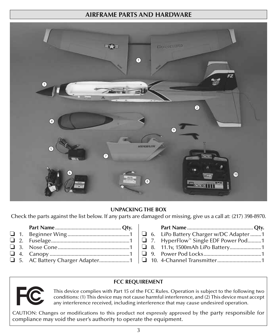 Airframe parts and hardware | Flyzone HCAA28 User Manual | Page 3 / 16