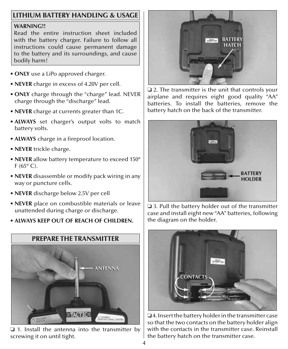 Lithium battery handling & usage, Prepare the transmitter | Flyzone HCAA28 User Manual | Page 4 / 16