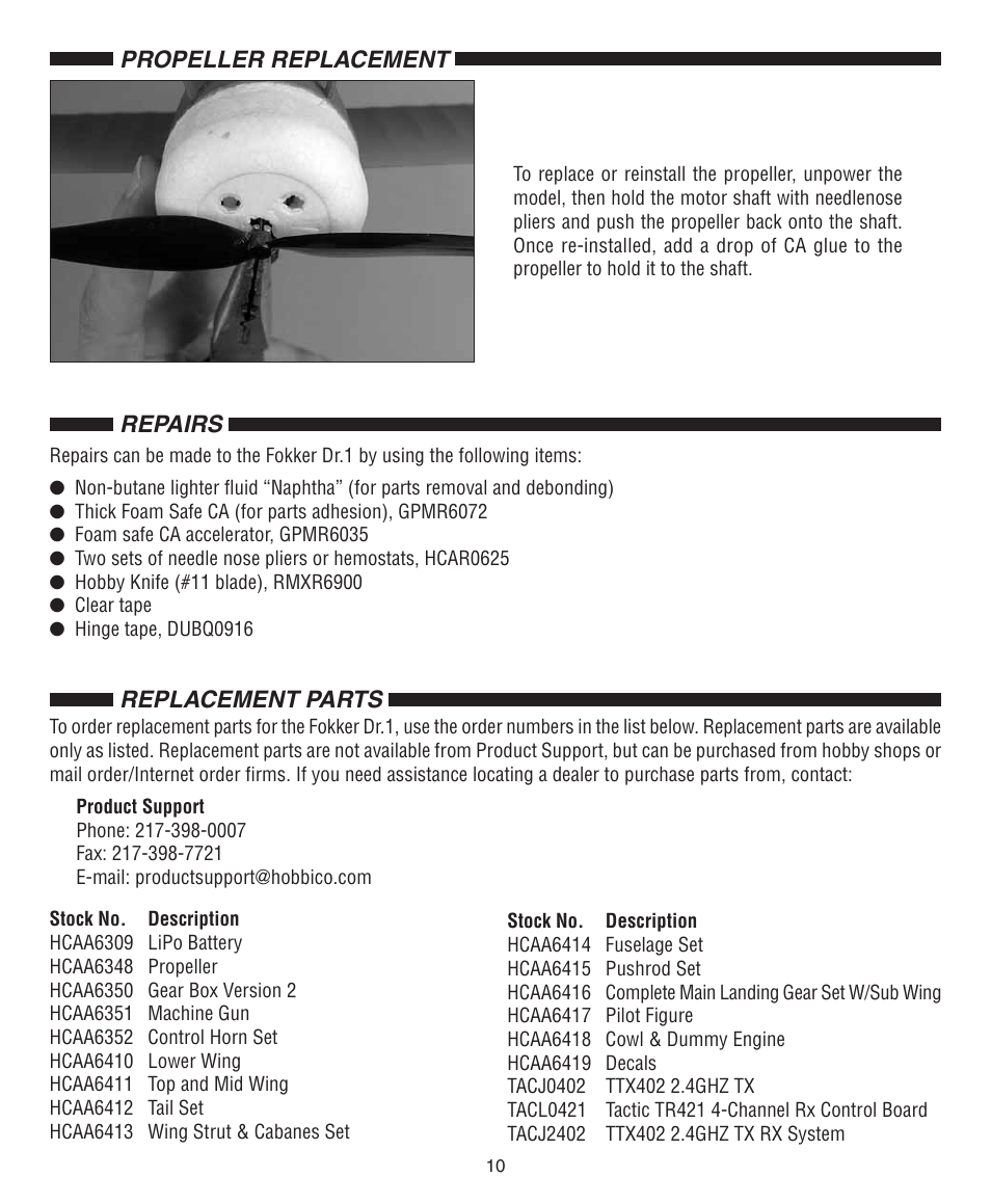 Repairs, Replacement parts, Propeller replacement | Flyzone FLZA2030 User Manual | Page 10 / 12