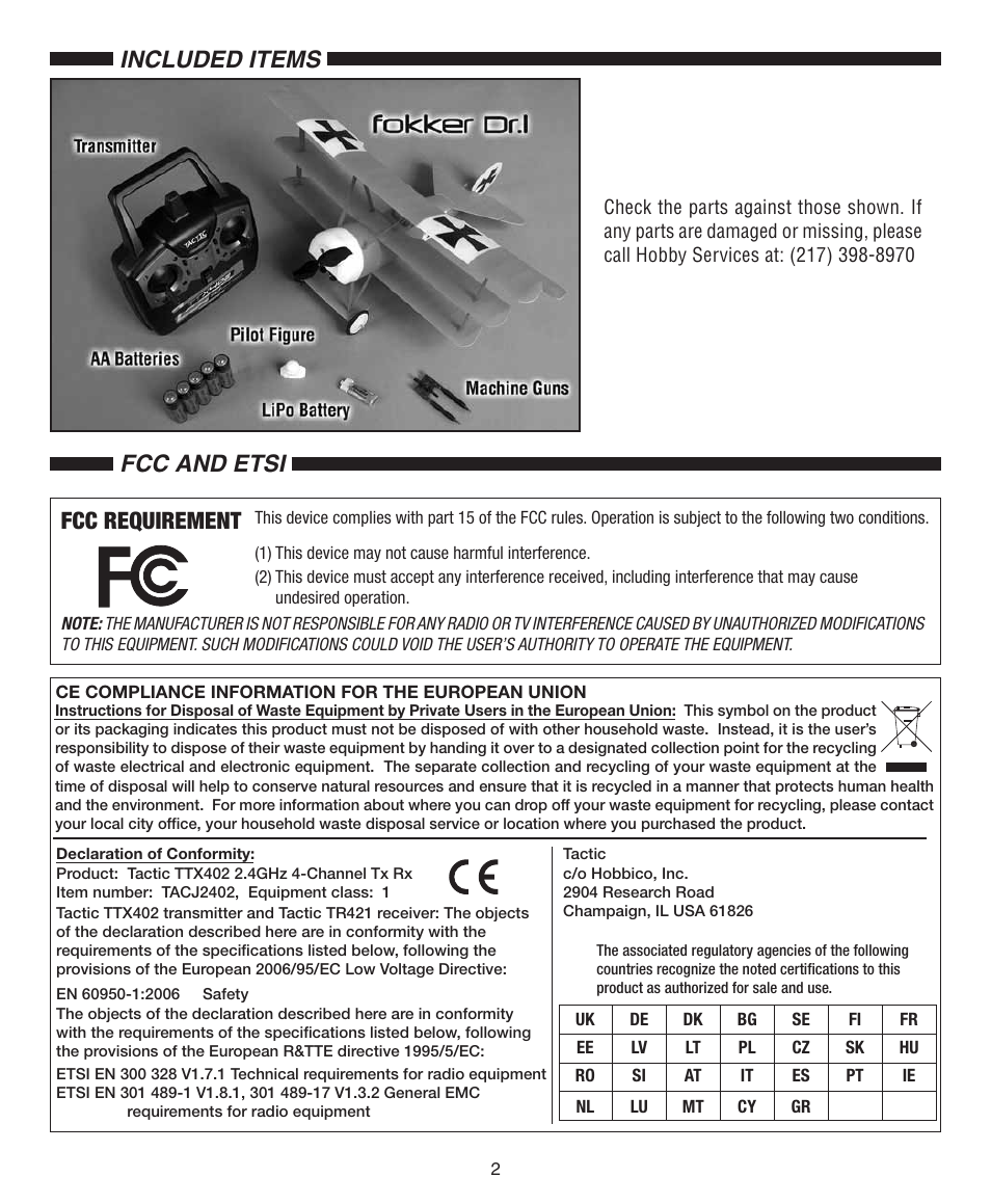 Fcc requirement, Included items fcc and etsi | Flyzone FLZA2030 User Manual | Page 2 / 12