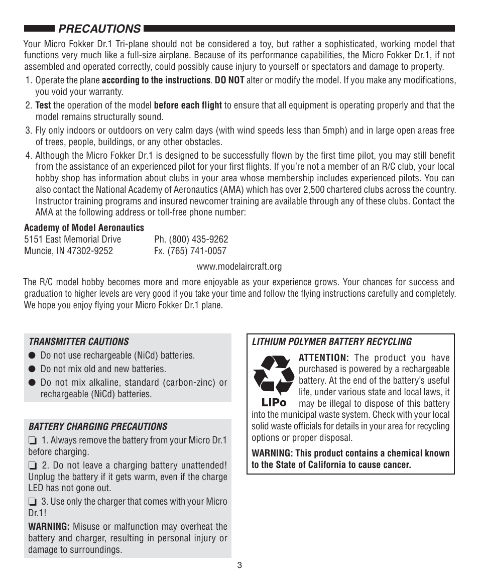 Precautions | Flyzone FLZA2030 User Manual | Page 3 / 12