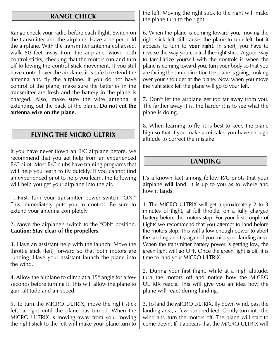 Landing flying the micro ultrix range check | Flyzone HCAA1994 User Manual | Page 9 / 12