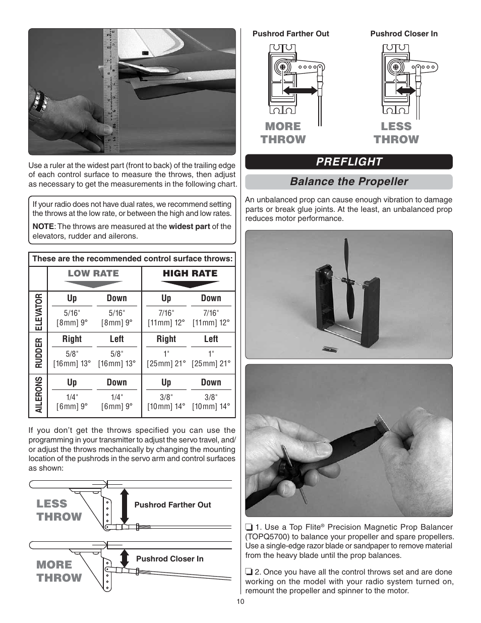 Less throw, More throw, Less throw preflight balance the propeller | Flyzone FLZA3604 User Manual | Page 10 / 12