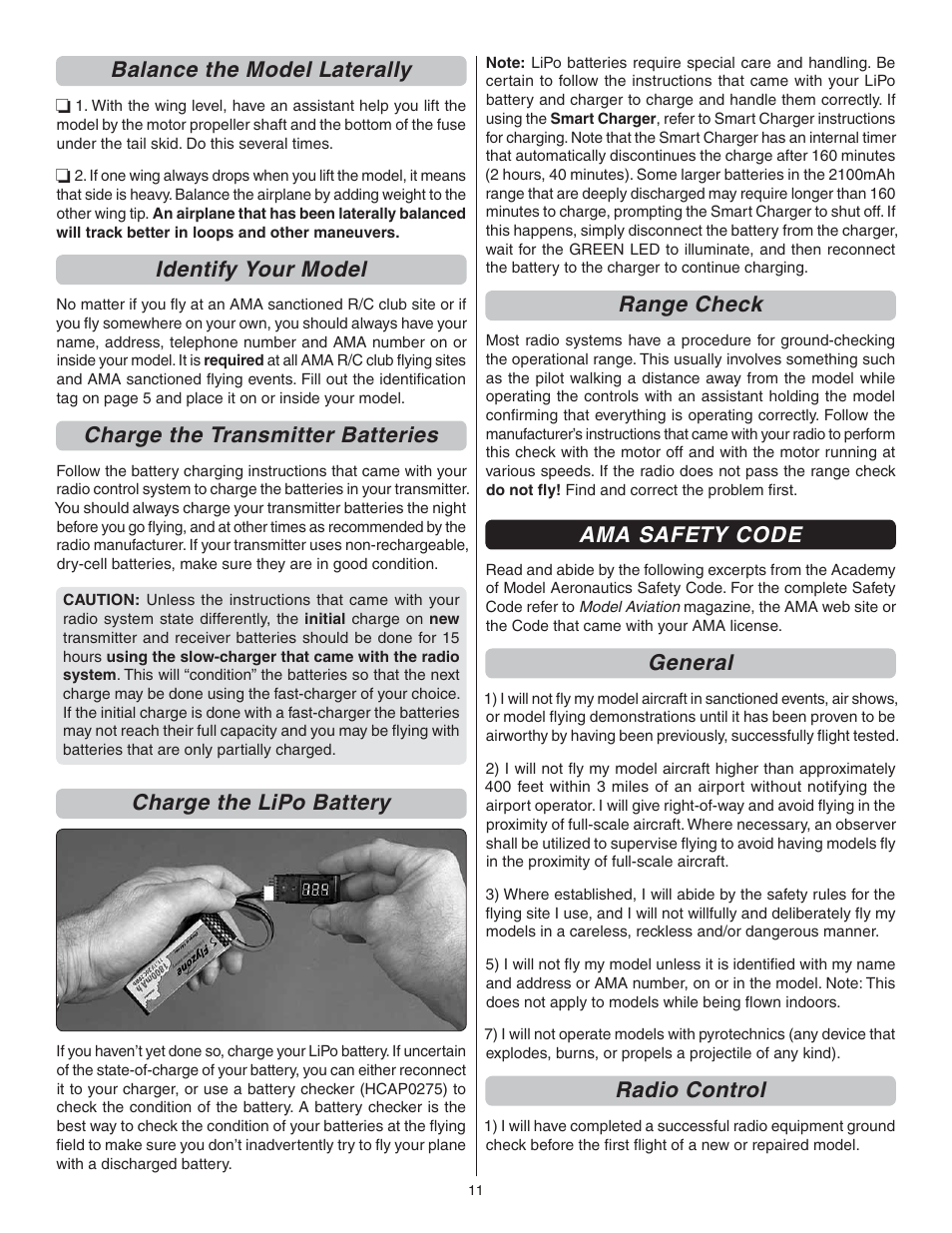 Balance the model laterally, Identify your model, Charge the transmitter batteries | Charge the lipo battery, Range check, Ama safety code, General, Radio control | Flyzone FLZA3604 User Manual | Page 11 / 12