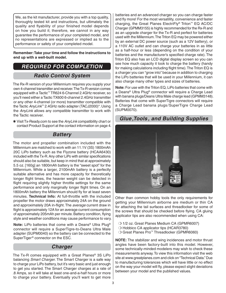 Required for completion radio control system, Battery, Charger | Glue ,tools , and building supplies | Flyzone FLZA3604 User Manual | Page 3 / 12