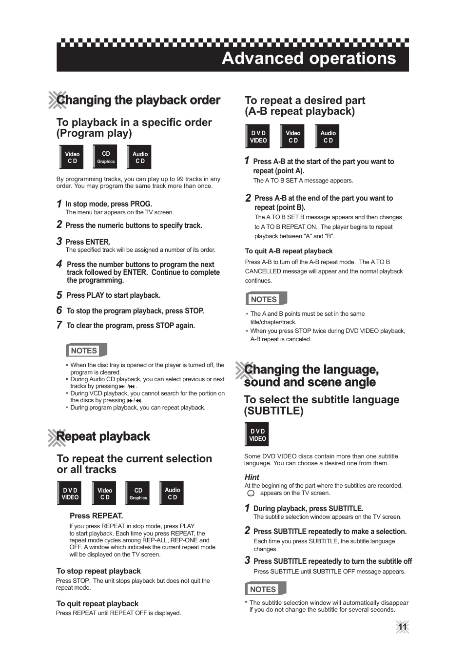 Advanced operations, Changing the playback order, Changing the language | CAVS 203G USB User Manual | Page 15 / 31