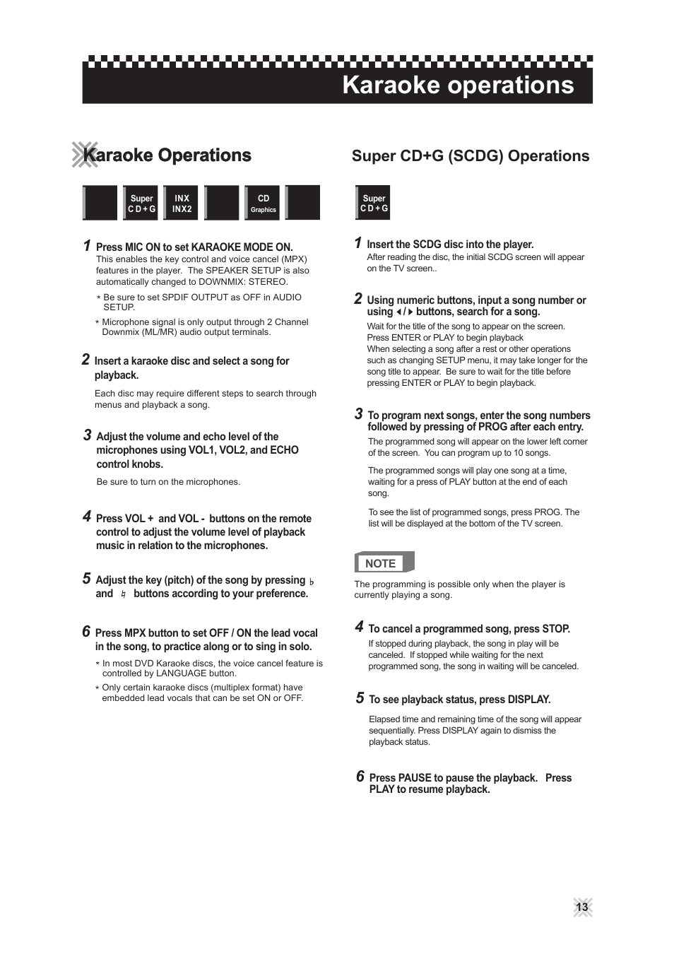 Karaoke operations, Super cd+g (scdg) operations | CAVS 203G USB User Manual | Page 17 / 31