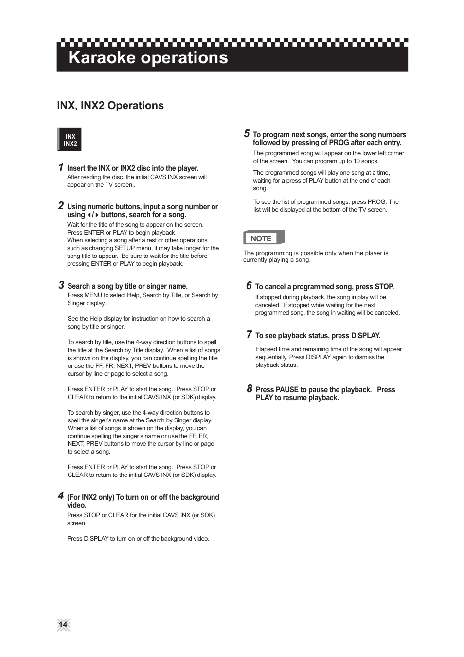 Karaoke operations, Inx, inx2 operations | CAVS 203G USB User Manual | Page 18 / 31