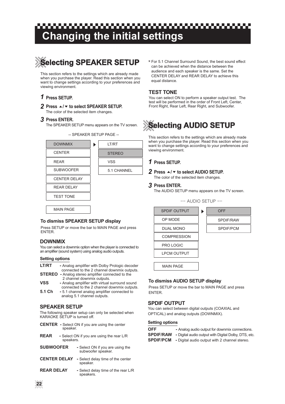 Changing the initial settings, Selecting audio setup, Selecting speaker setup | CAVS 203G USB User Manual | Page 26 / 31