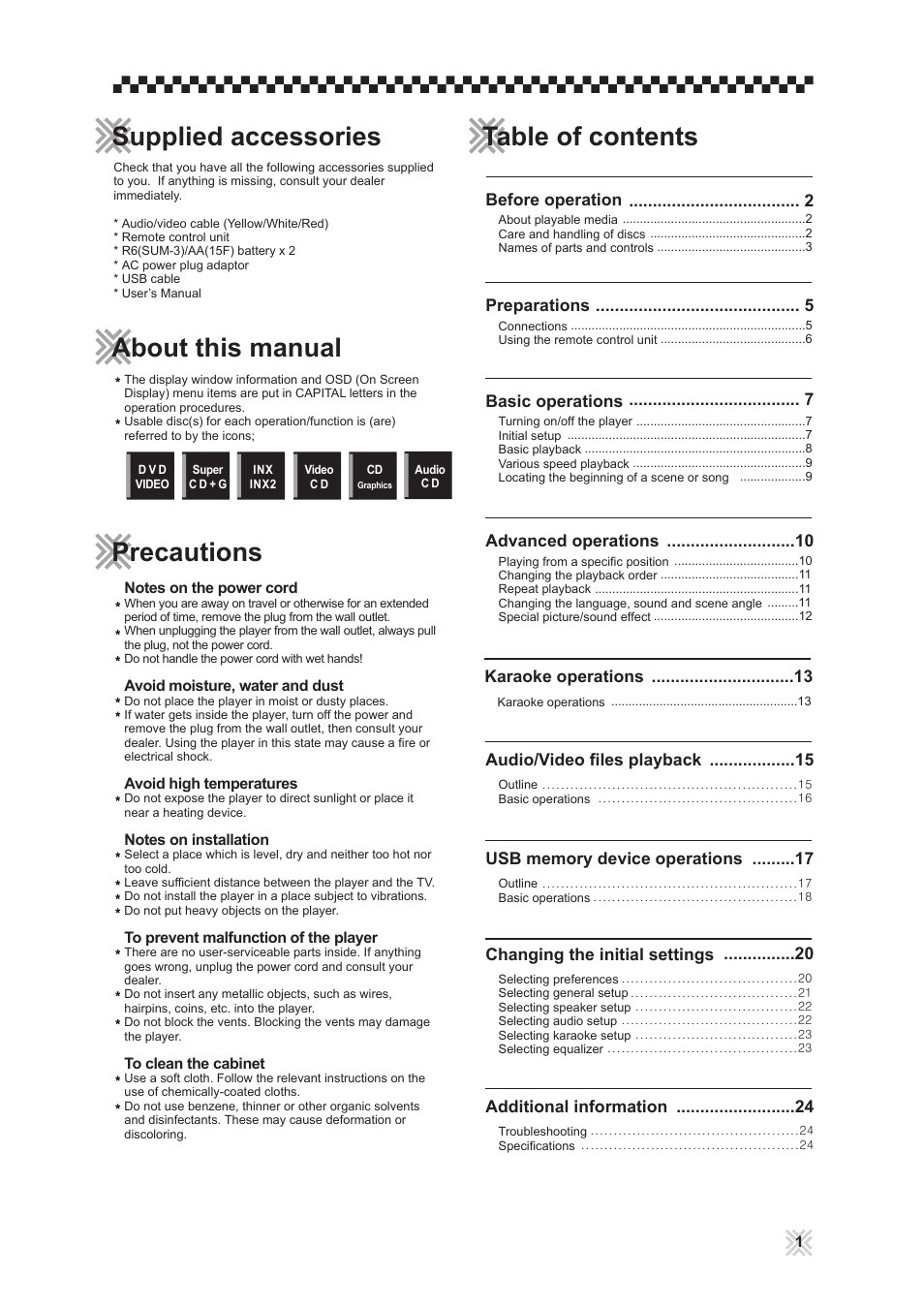 Before operation, Preparations, Basic operations | Advanced operations, Audio/video files playback, Changing the initial settings, Additional information, Karaoke operations | CAVS 203G USB User Manual | Page 5 / 31