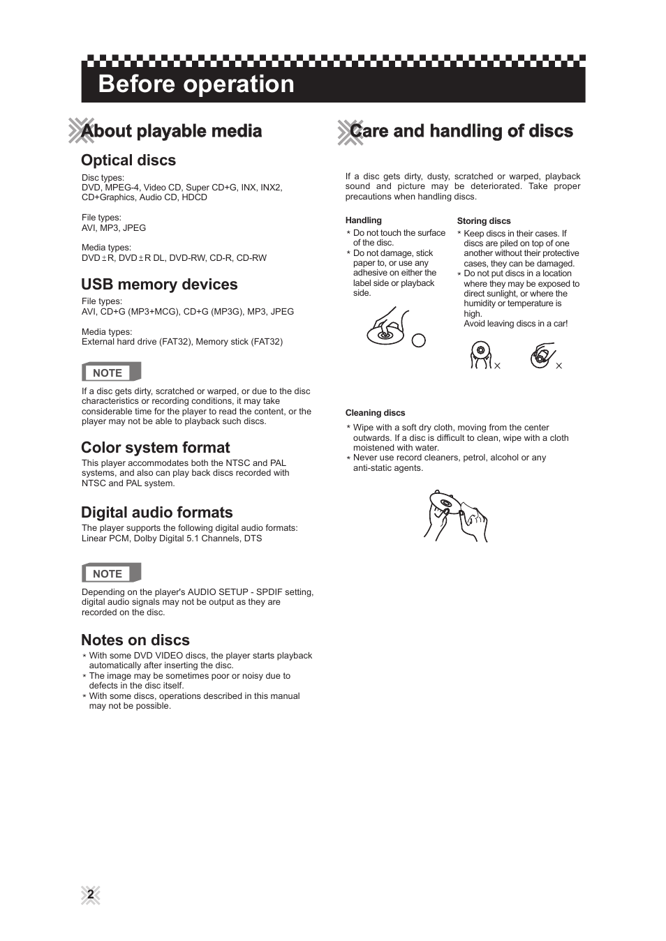 Before operation, About playable media, Care and handling of discs | CAVS 203G USB User Manual | Page 6 / 31