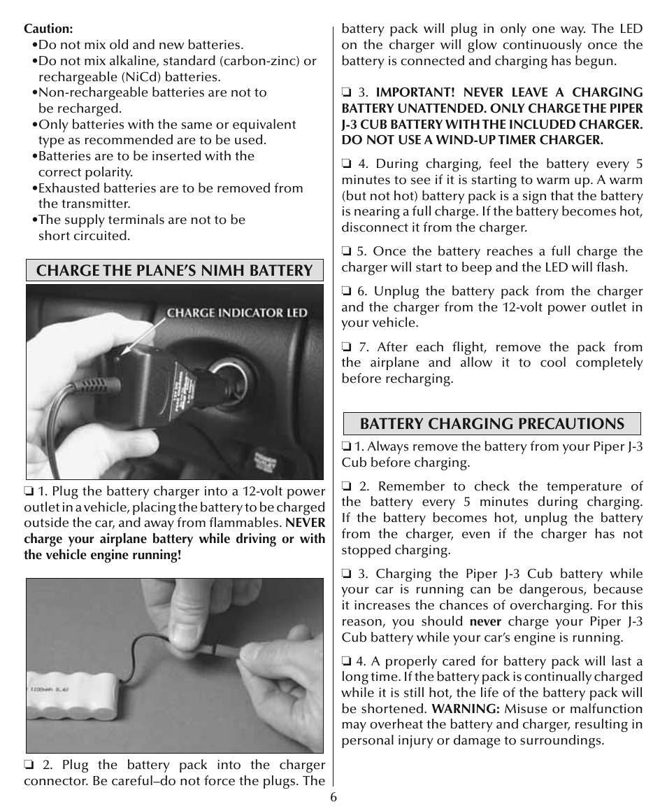 Charge the plane’s nimh battery, Battery charging precautions | Flyzone HCAA24 User Manual | Page 6 / 16