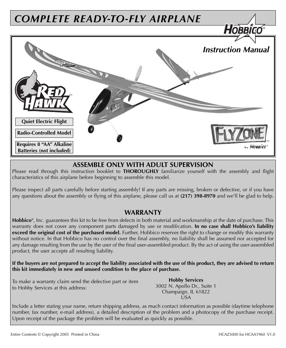 Flyzone HCAA1960 User Manual | 12 pages