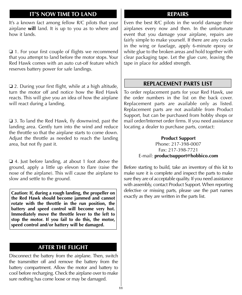 Replacement parts list repairs after the flight, It’s now time to land | Flyzone HCAA1960 User Manual | Page 11 / 12