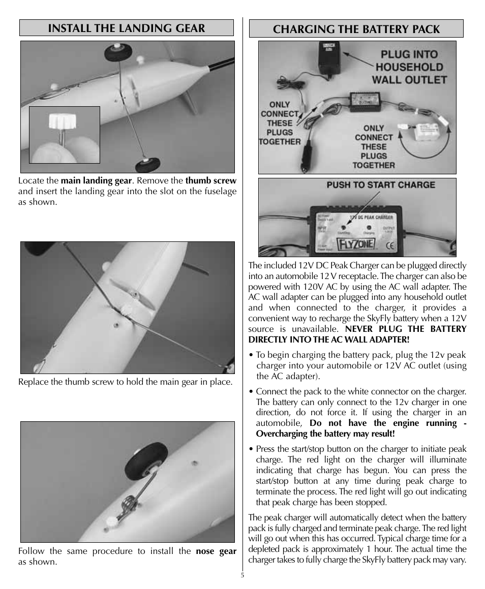 Charging the battery pack install the landing gear | Flyzone HCAA1961 User Manual | Page 5 / 12