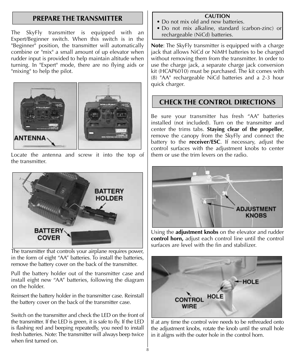 Check the control directions, Prepare the transmitter | Flyzone HCAA1961 User Manual | Page 8 / 12