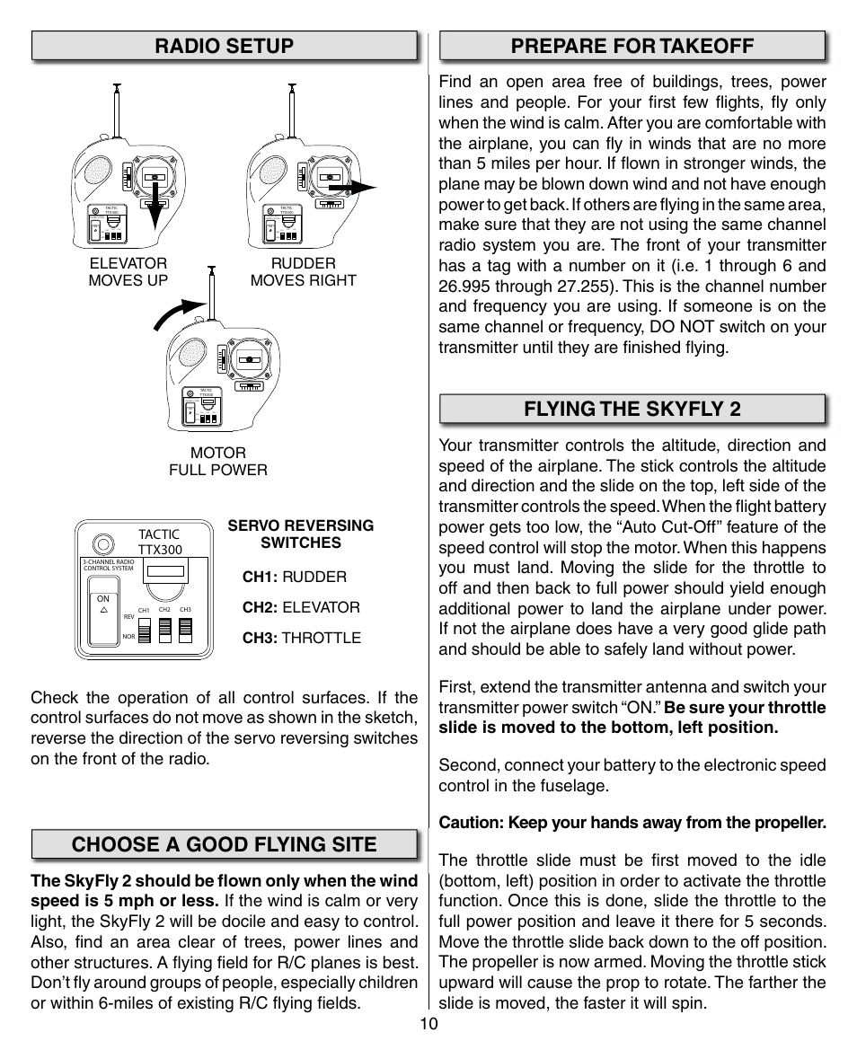 Radio setup, Choose a good flying site, Prepare for takeoff | Flying the skyfly 2, Ttx300, Tactic | Flyzone HCAA41 User Manual | Page 10 / 12