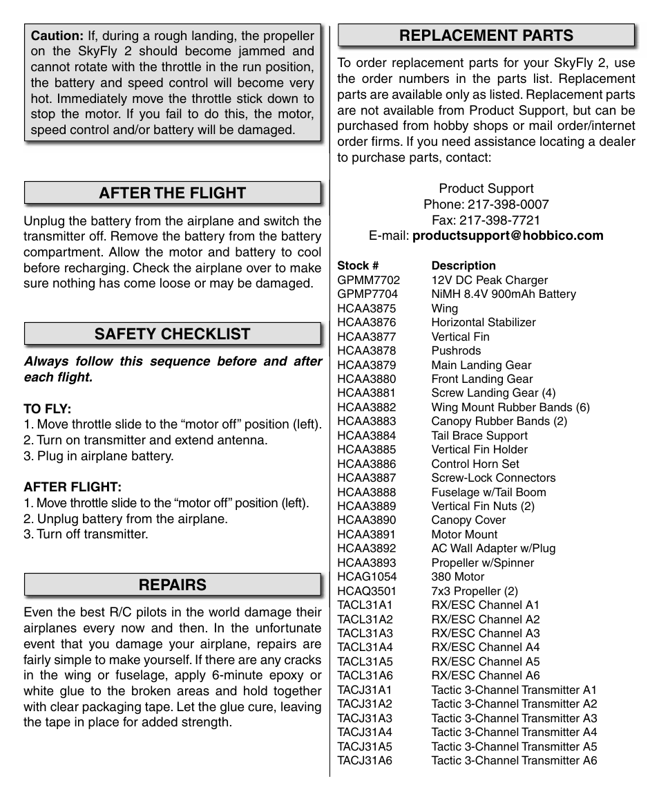 After the flight, Safety checklist, Repairs | Replacement parts | Flyzone HCAA41 User Manual | Page 12 / 12