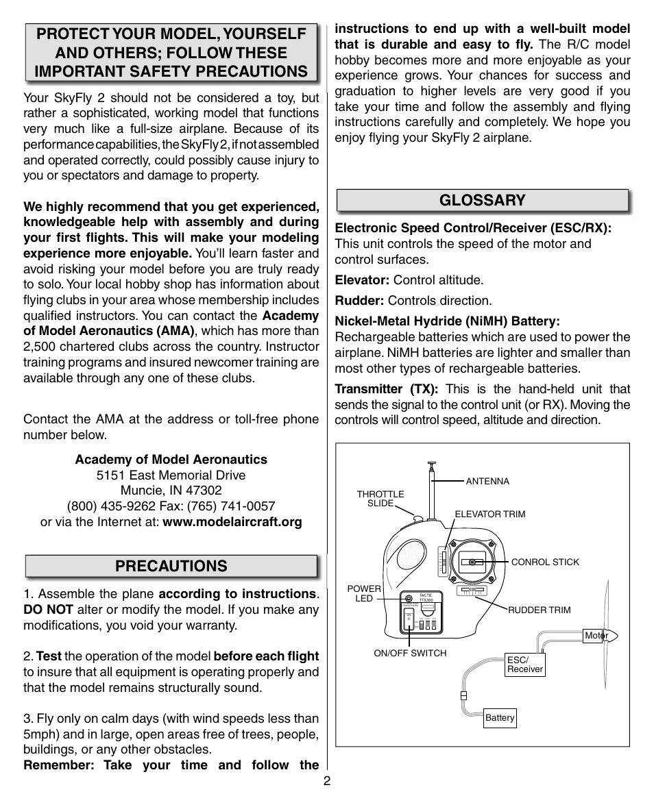 Precautions, Glossary | Flyzone HCAA41 User Manual | Page 2 / 12