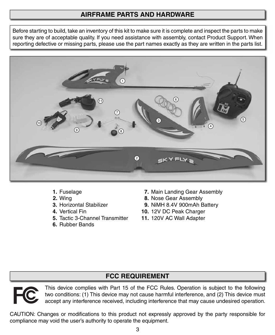 Fcc requirement, Airframe parts and hardware | Flyzone HCAA41 User Manual | Page 3 / 12