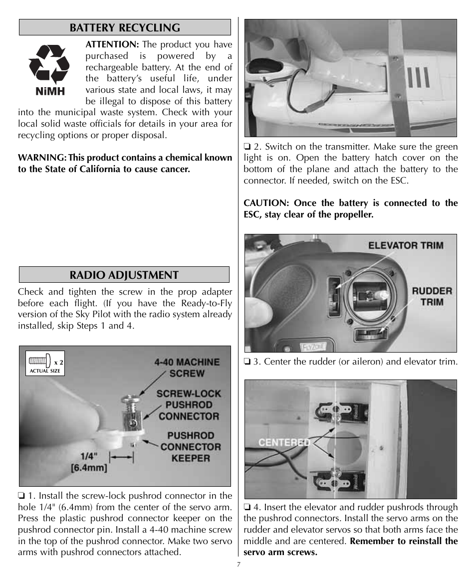 Radio adjustment battery recycling | Flyzone HCAA1985 User Manual | Page 7 / 12