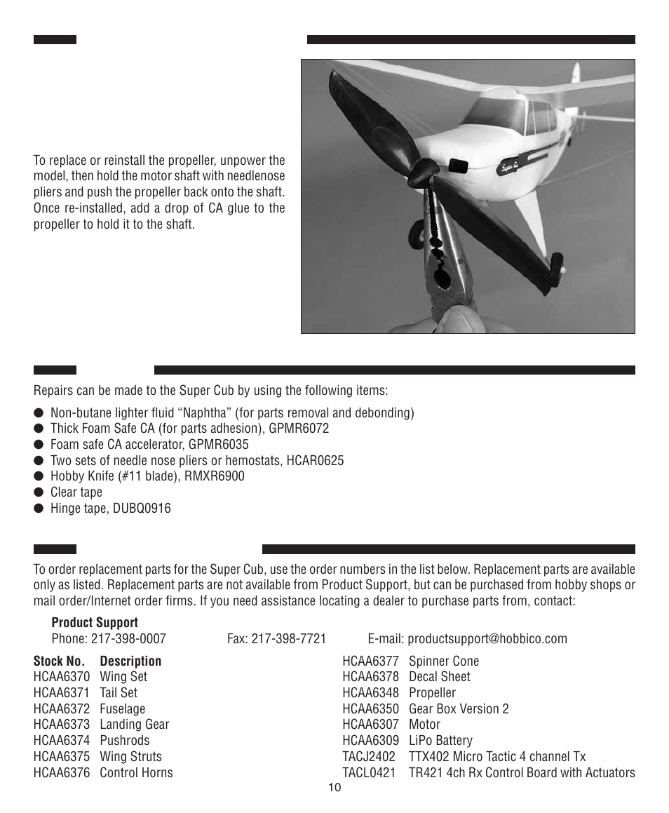 Repairs, Replacement parts, Propeller replacement | Flyzone FLZA2020 User Manual | Page 10 / 12
