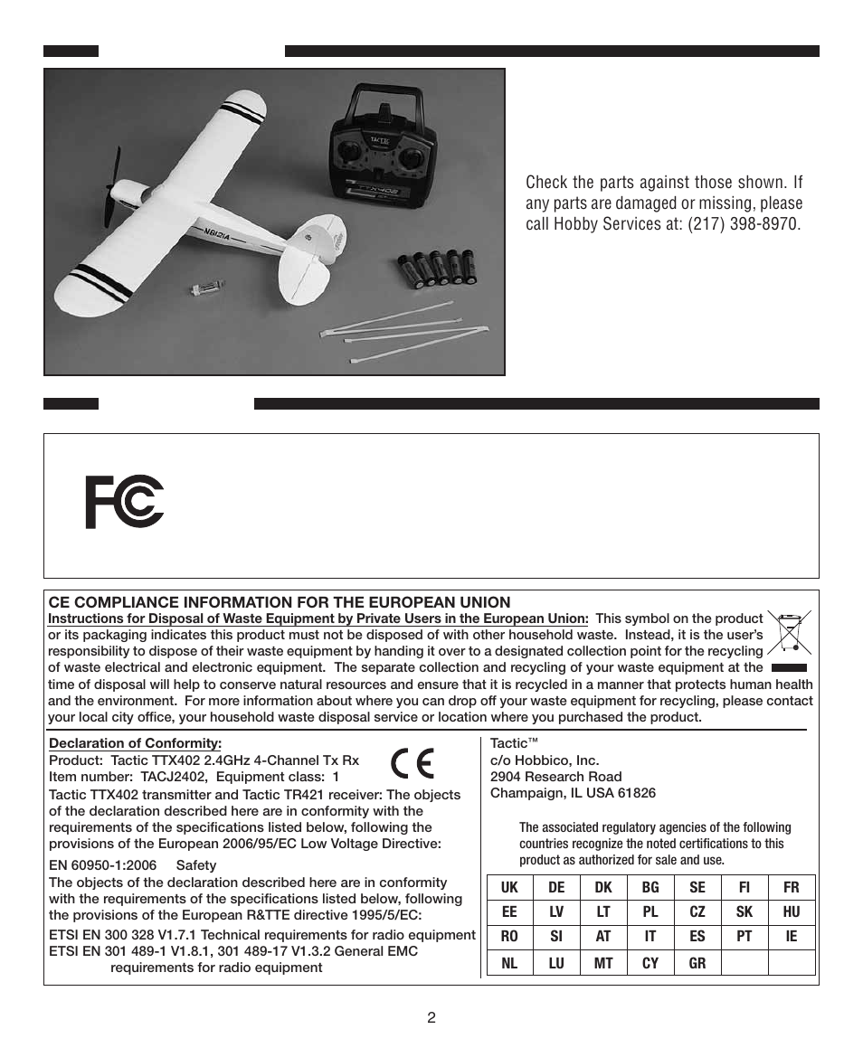 Fcc requirement, Included items fcc and etsi | Flyzone FLZA2020 User Manual | Page 2 / 12